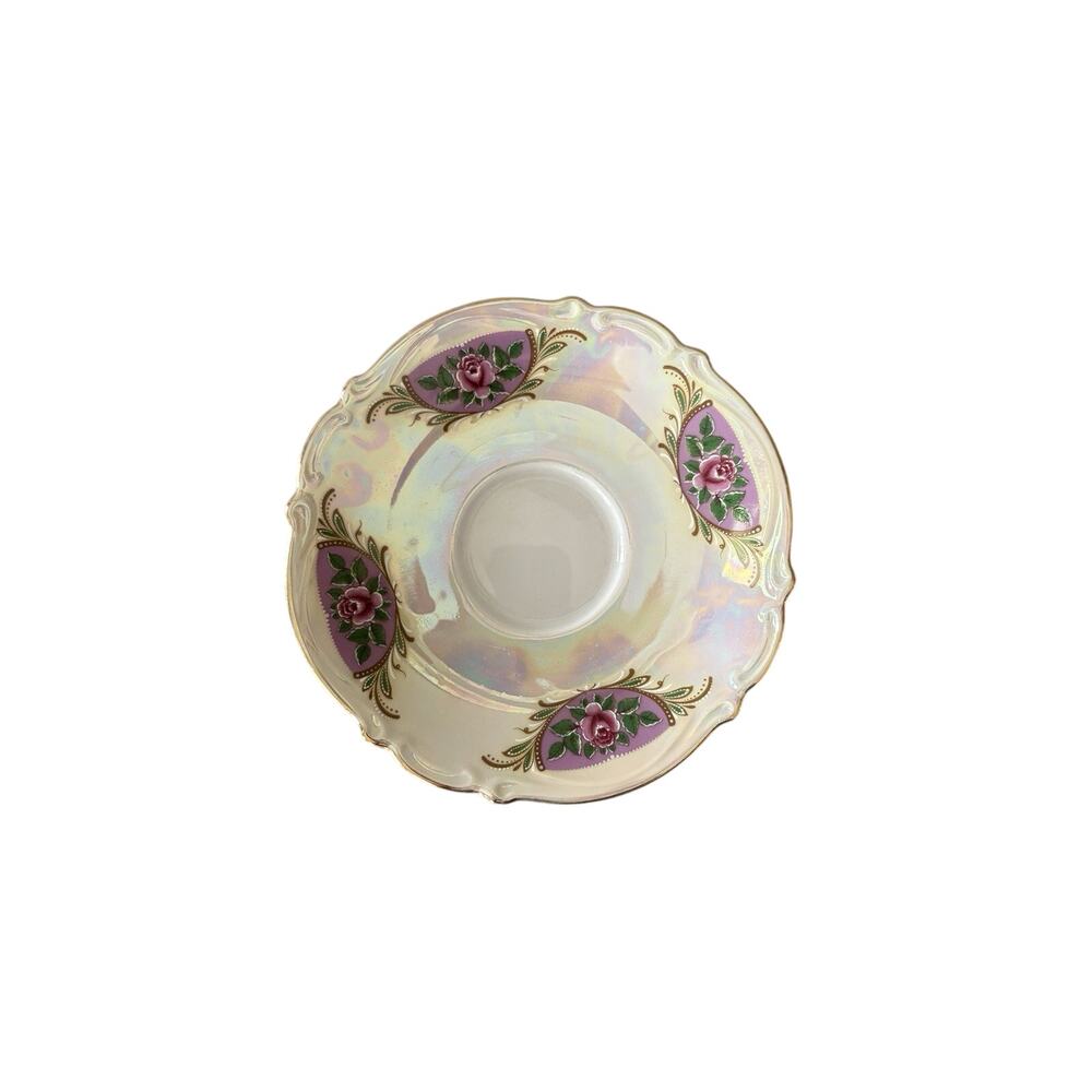 Vintage Bavaria 13 Iridescent Floral Saucer Pink Roses Gold Trim Germany